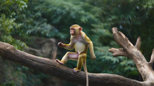 Macaque monkey climbs and explores branches in the forest during daylight hours