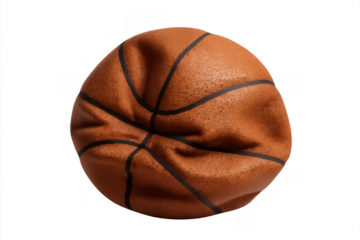 Deflated basketball showing wear and tear, isolated on a transparent background, representing failure or a challenging game