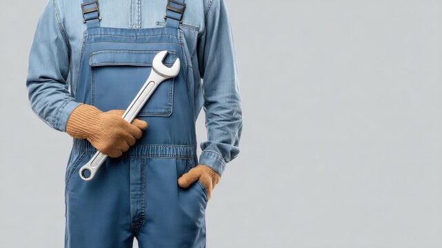 Professional mechanic holding adjustable wrench in blue coveralls ready to work on vehicle repair in clean workshop setting 4k video footage