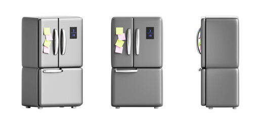 Fototapeta premium 3d kitchen fridge front, side and angle view. Silver french door refrigerator with freezer, display, handles, color paper stickers. Isolated household appliances, realistic render set