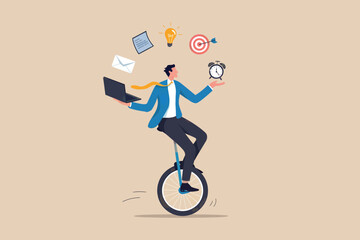 Businessman juggles laptop, tasks, and alarm clock on unicycle © Design gallery