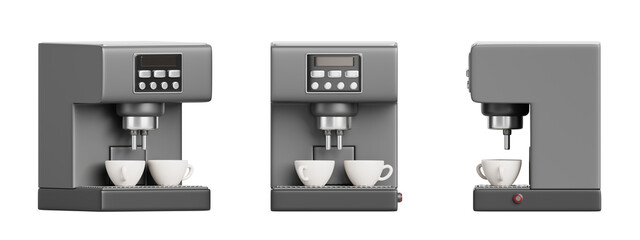 Modern coffee machine with cup front, side and angle view. Realistic 3d render set of electric kitchen appliance for home, office or cafe. Automatic espresso and cappuccino maker