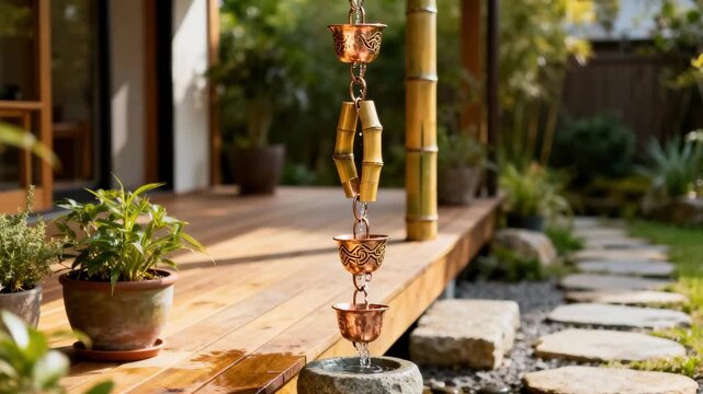 Medium shot highlighting unique installation of rain chains as ecofriendly gutter alternatives complementing outdoor living spaces in creative styles