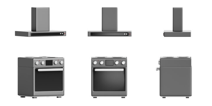 3d gas stove with electric oven and cooker hood front, side and angle view. Kitchen cooktop silver black hob with burners and extractor hood. Isolated household appliance render set