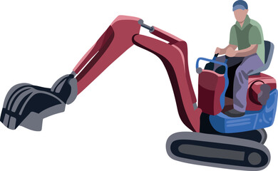 Vector isolated illustration of a micro excavator. A male worker is working behind the wheel of a micro excavator.