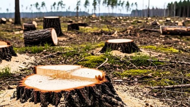 Video, illustration of a forest with illegal tree cutting, forest destruction, illegal logging