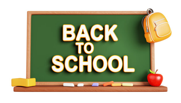 Classroom wall with inscription Back to school on chalkboard. Cartoon 3d render of green blackboard with chalk and apple on shelf, yellow backpack hanging on board. Education concept