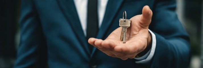 Businessman in Suit Offers House Keys During Real Estate Transaction for Apartment Ownership in Urban Location