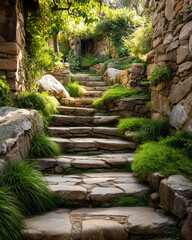 Obraz premium A stone staircase with green plants growing on the steps