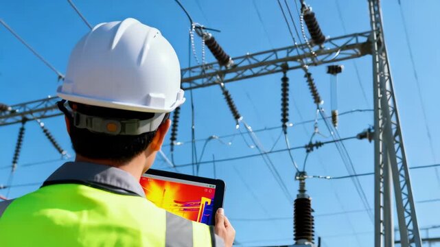 Engineer reviewing infrared thermography data on a tablet near power lines analyzing heat patterns to identify maintenance needs and improve grid safety.