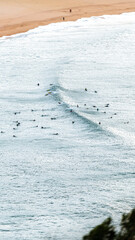 Surfers catching waves in clean ocean swell from above © Iokin