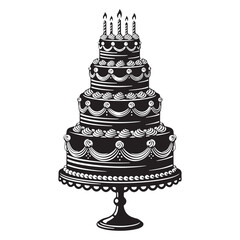 Four tiered birthday cake with lit candles dessert celebration vector icon