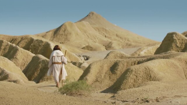 A Wanderer walks through the desert carrying a wooden staff. Christian and spiritual concept. Slow motion shot