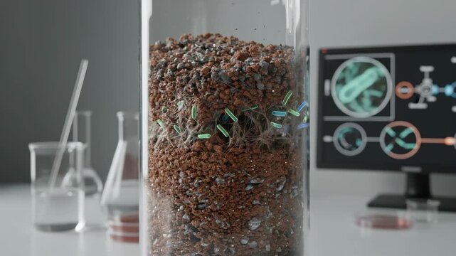 Microbial biocementation demonstration capturing bacteria binding soil particles to stabilize ore deposits for safer mining.