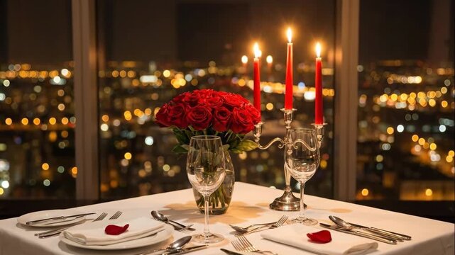 Romantic candlelight dinner setting with red roses and city lights view. Luxury table for two with wine glasses and silverware at night. Valentine's Day celebration