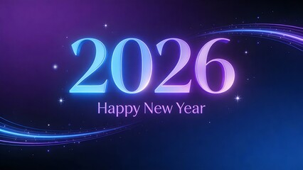 Happy new year 2026 glowing neon futuristic light trails