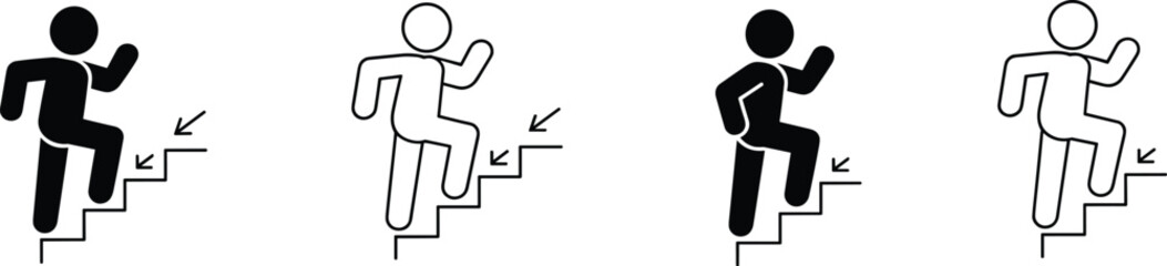 Person Climbing Stairs Icon Set Step Up Progress Success Symbol Vector