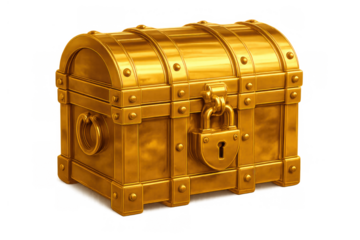 Golden treasure chest with a padlock, securing wealth and riches, representing mystery and success on transparent background