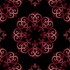 Magic seamless pattern of round elements. Lacy gradient red circles on black background. Complex lacy mandala of intertwined swirls. Geometry round ornament with hearts.