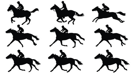Vector illustration collection of nine black silhouette vector graphics depicting jockeys riding horses in various gallop and canter poses