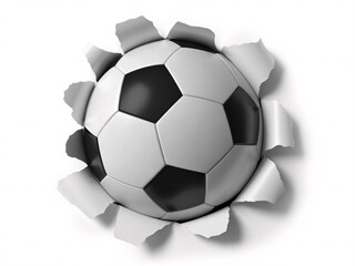 Obraz premium Dynamic soccer ball bursts through white paper surface creating powerful visual impact for sports promotions