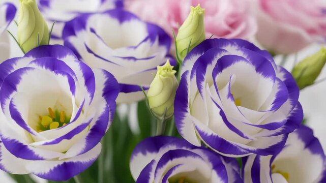 Purple and white lisianthus flower bouquet close-up detail shot