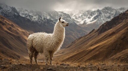 Obraz premium Llama Stands in Andes Valleys and Symbolizes Humility in Inca Tradition Among the Mountains and Open Land of Peru During the Daytime