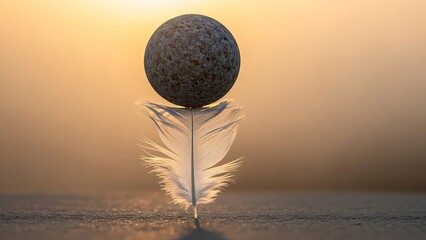 A delicate feather perfectly balances a dark textured stone against a soft warm and hazy sunset reflecting on a still body of water