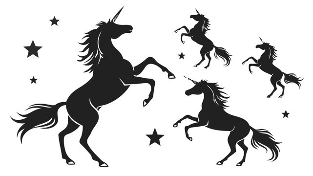Vector illustration silhouette collection of rearing unicorns with stars