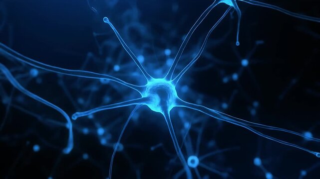 Glowing blue neurons in a dark background animation