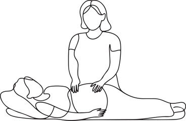 A pregnant woman lies on the couch. The midwife helps her through the birth process. International Day of the Midwives. one line Icon drawing