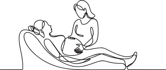 A pregnant woman lies on the couch. The midwife helps her through the birth process. International Day of the Midwives. one line Icon drawing
