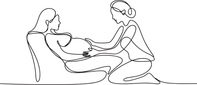 A pregnant woman lies on the couch. The midwife helps her through the birth process. International Day of the Midwives. one line Icon drawing