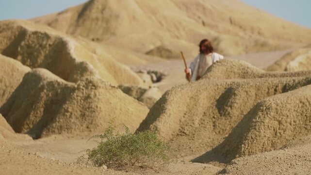 A Traveler wearing simple, ancient-inspired garments moves carefully through a desolate desert environment, the staff and sandals creating contrast with the textured ground