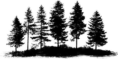Black and white stencil illustration of dense forest silhouette with fog