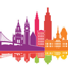 Obraz premium Vector illustration colorful silhouette skyline illustration of a major city featuring bridges, towers, and architectural landmark building outlines