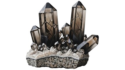 Fototapeta premium A cluster of smoky quartz crystals with varying shades of brown and gray, resting on a rough, textured base.