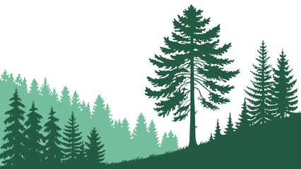 Fototapeta premium Vector illustration silhouette illustration of a dense pine forest landscape with a prominent tall evergreen tree in the foreground against a