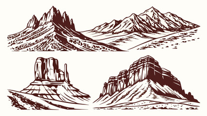 Fototapeta premium Vector illustration collection of four detailed handdrawn vector illustrations depicting various rugged mountain ranges and mesa formations in a western style