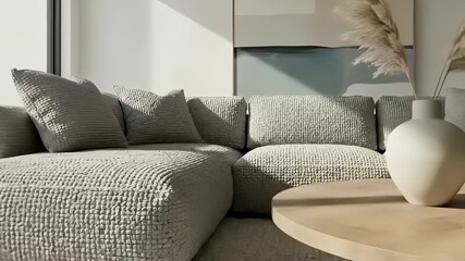 Luxurious living room setting with stylish couch, sleek coffee table, and elegant vase, perfectly capturing the essence of relaxation and global comfort, ideal for advertising campaigns or.