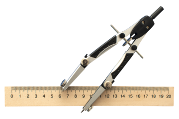 Compass and wooden measuring ruler isolated	