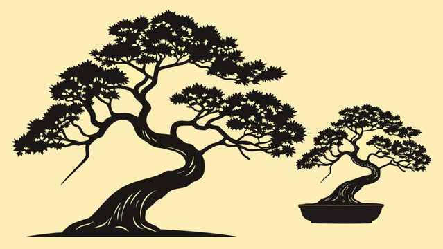 Vector illustration silhouette illustration of two stylized bonsai trees, one large and one small, against a pale background