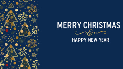 Merry christmas and happy new year greeting card with christmas trees and snowflakes on a blue background