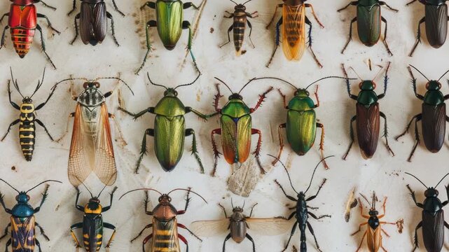 Video A collection of colorful insects gathered on a surface, ideal for s and designs