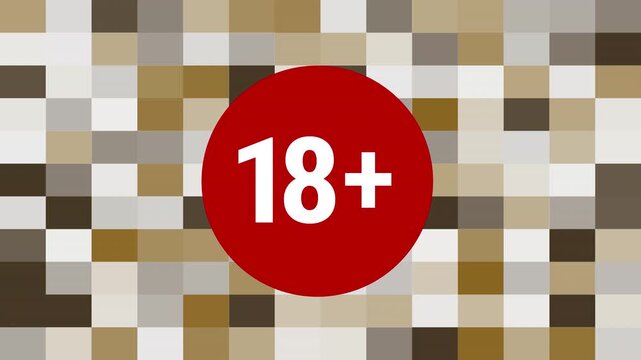 Animated mosaic censored with skin-colored squares. With 18+ writing and a red circle. Minimalist monochrome grid design for backgrounds and digital aesthetics. 4k video.