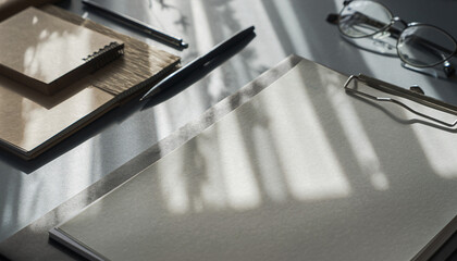 Sunlit workspace with clipboard, notebook and pen casting soft shadows on a minimalist desk surface.