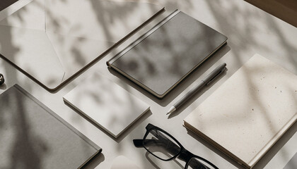 Stylish stationery branding mockup with notebooks, envelopes, blank cards and pen on light desk in soft natural sunlight and leaf shadows.