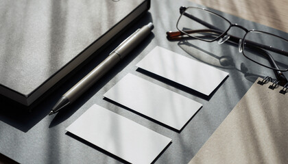 Modern stationery branding mockup with notebook, blank cards, pen and glasses on dark desk in dramatic natural shadow light.