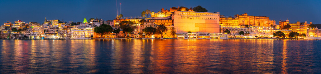 Panoramic view of Udaipur city and Lake Pichola from Ambrai Ghat at Udaipur, Rajasthan, India