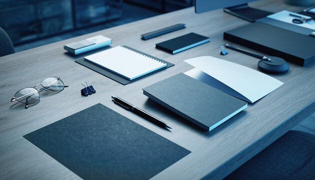 Contemporary office workspace with notebooks, pen, clips, glasses and paper sheets arranged on a wooden desk. Clean minimal layout. - Powered by Adobe